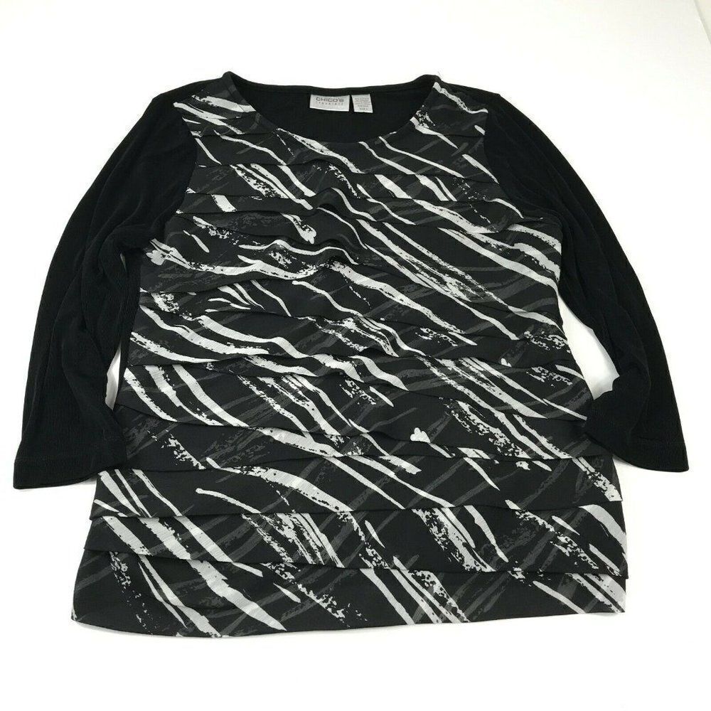 Chicos Travelers Top Black White Stretch Layered